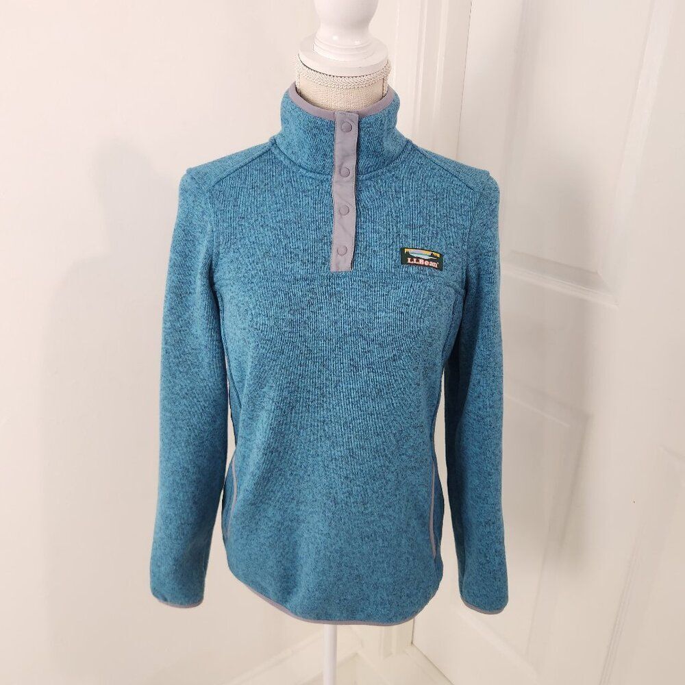 LL Bean Sweater Misses XS Blue Fleece Pullover Snap Heritage Inspired Mountains